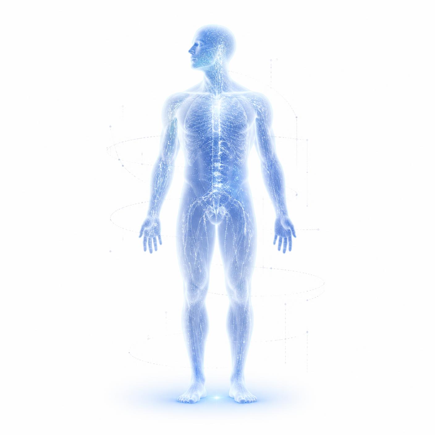 Silhouette umana futuristica composta da luce blu, simbolo della nutrizione personalizzata